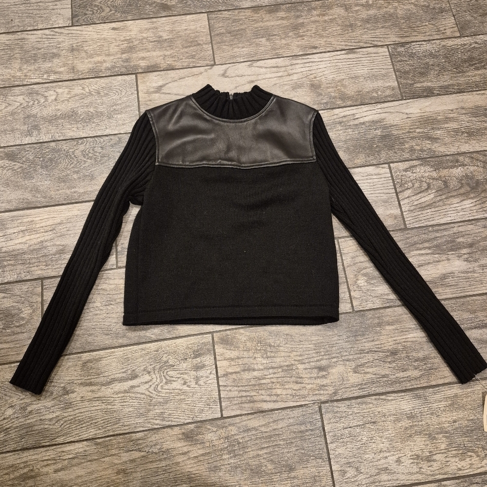 Vakko Knits Vintage Leather Wool Sweater Mixed Media Mock Neck Zip Back Black M